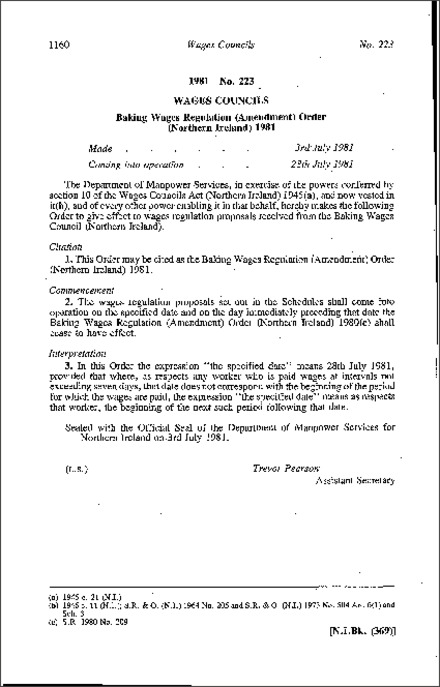 The Baking Wages Regulation (Amendment) Order (Northern Ireland) 1981