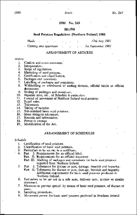 The Seed Potatoes Regulations (Northern Ireland) 1981
