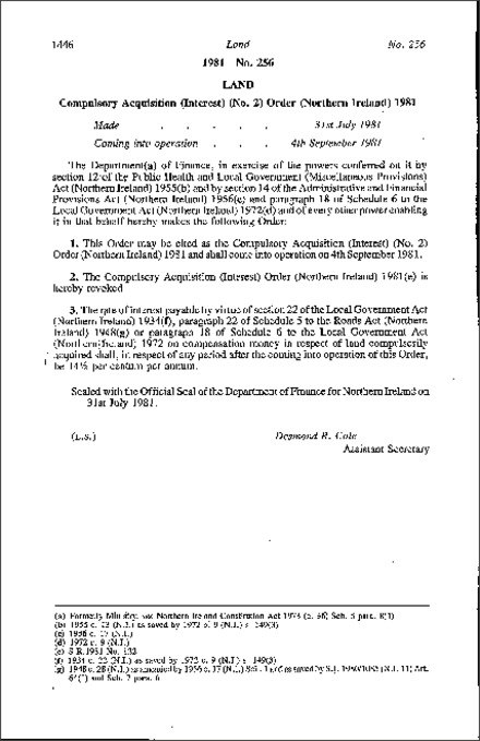 The Compulsory Acquisition (Interest) (No. 2) Order (Northern Ireland) 1981
