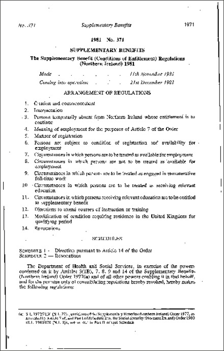 The Supplementary Benefit (Conditions of Entitlement) Regulations (Northern Ireland) 1981
