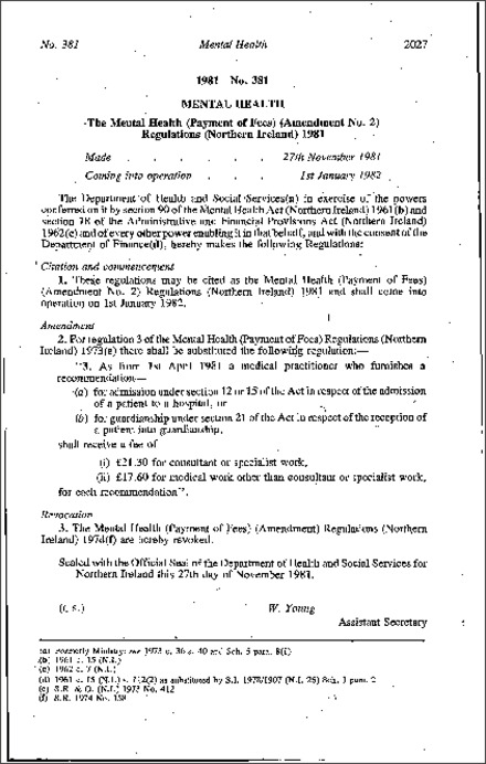 The Mental Health (Payment of Fees) (Amendment No. 2) Regulations (Northern Ireland) 1981
