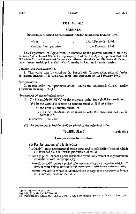 The Brucellosis Control (Amendment) Order (Northern Ireland) 1981