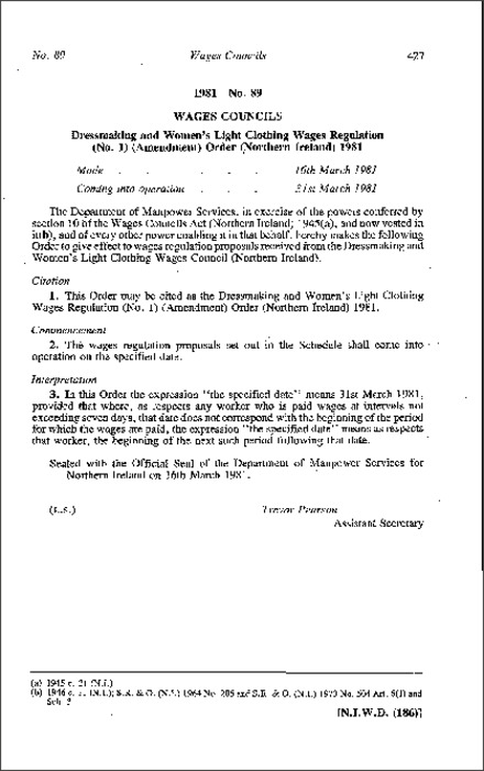 The Dressmaking and Women's Light Clothing Wages Regulation (No. 1) (Amendment) Order (Northern Ireland) 1981