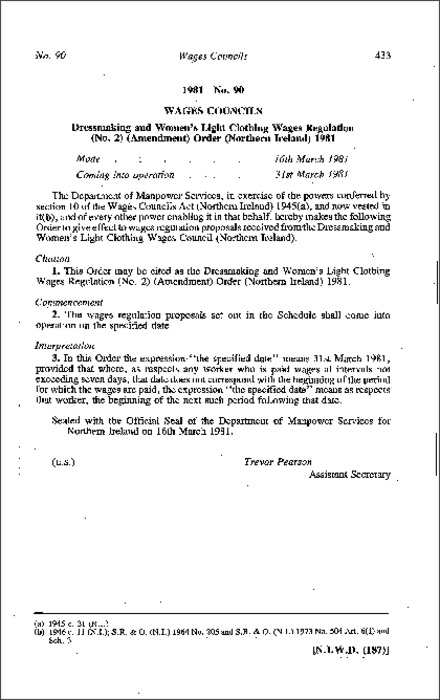 The Dressmaking and Women's Light Clothing Wages Regulation (No. 2) (Amendment) Order (Northern Ireland) 1981