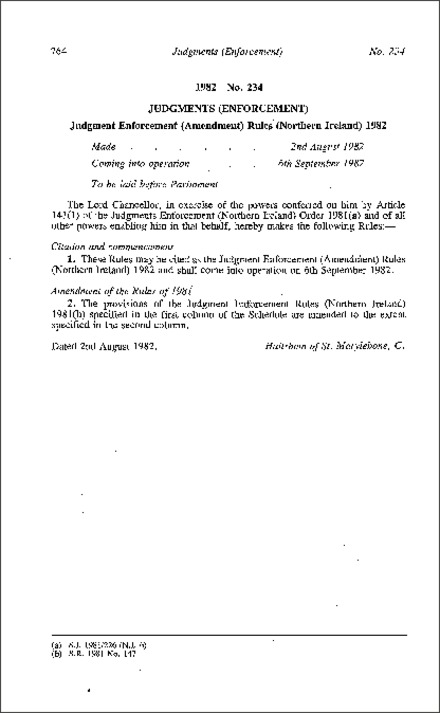 The Judgment Enforcement (Amendment) Rules (Northern Ireland) 1982