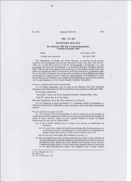 The Statutory Sick Pay (General) Regulations (Northern Ireland) 1982