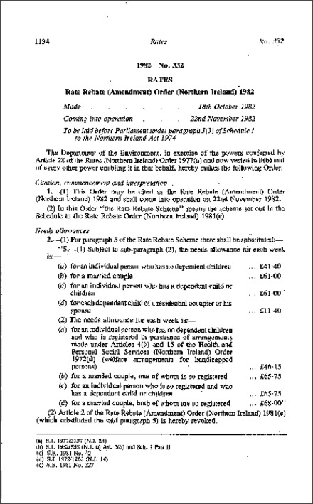 The Rate Rebate (Amendment) Order (Northern Ireland) 1982