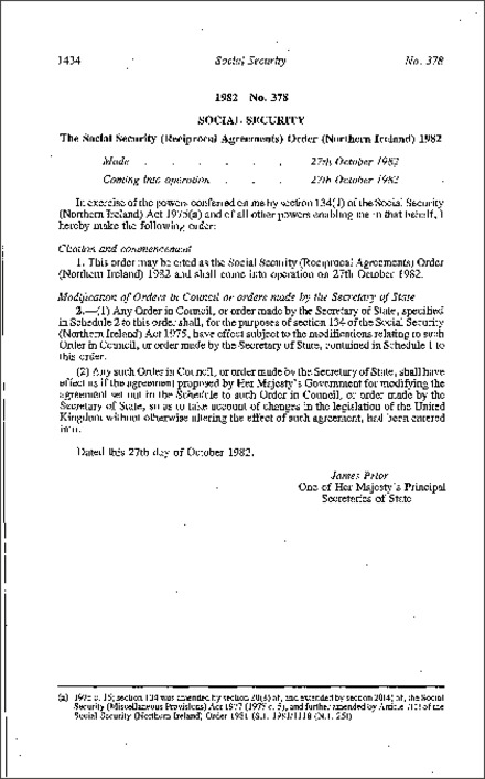 The Social Security (Reciprocal Agreements) Order (Northern Ireland) 1982