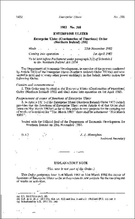 The Enterprise Ulster (Continuation of Functions) Order (Northern Ireland) 1982