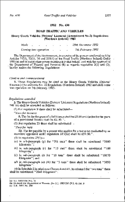 The Heavy Goods Vehicles (Drivers' Licences) (Amendment No. 2) Regulations (Northern Ireland) 1982