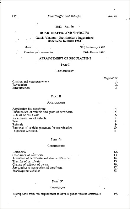 The Goods Vehicles (Certification) Regulations (Northern Ireland) 1982