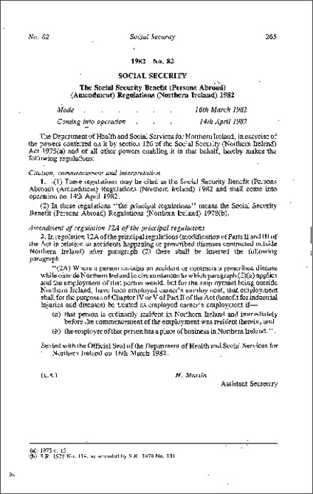 The Social Security Benefit (Persons Abroad) (Amendment) Regulations (Northern Ireland) 1982
