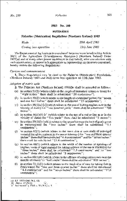 The Fisheries (Metrication) Regulations (Northern Ireland) 1983