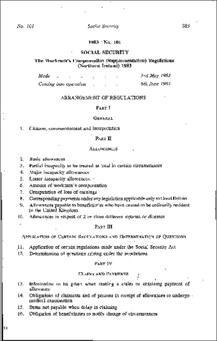 The Workmen's Compensation (Supplementation) Regulations (Northern Ireland) 1983