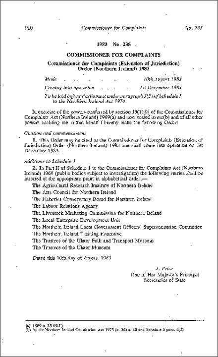 The Commissioner for Complaints (Extension of Jurisdiction) Order (Northern Ireland) 1983