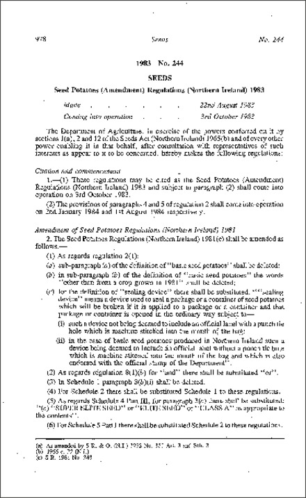 The Seed Potatoes (Amendment) Regulations (Northern Ireland) 1983