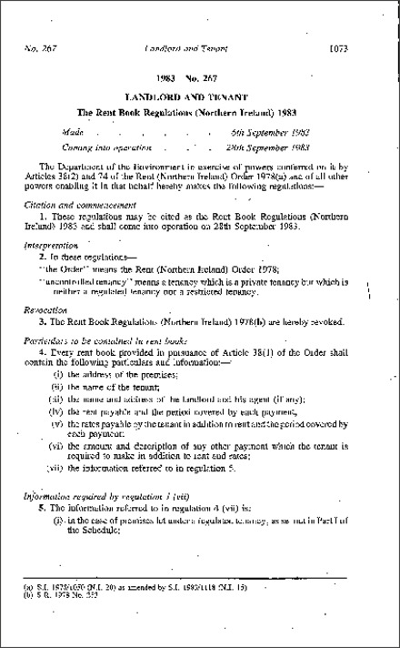 The Rent Book Regulations (Northern Ireland) 1983