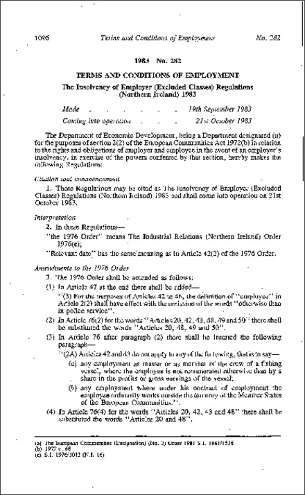 The Insolvency of Employer (Excluded Classes) Regulations (Northern Ireland) 1983