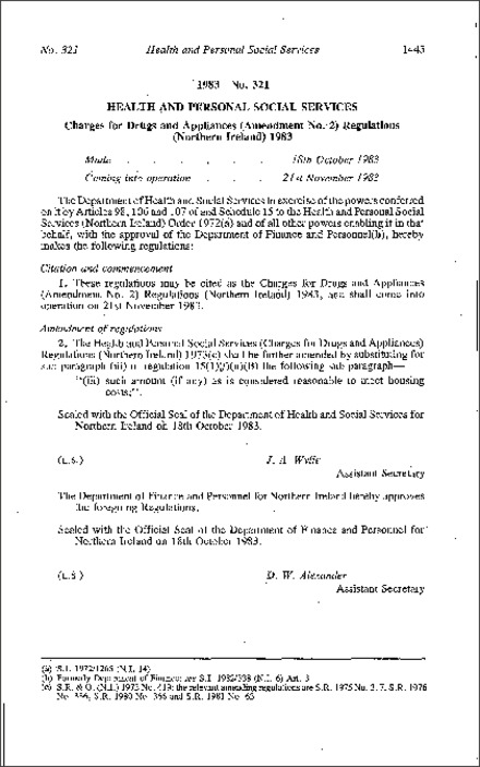 The Charges for Drugs and Appliances (Amendment No. 2) Regulations (Northern Ireland) 1983