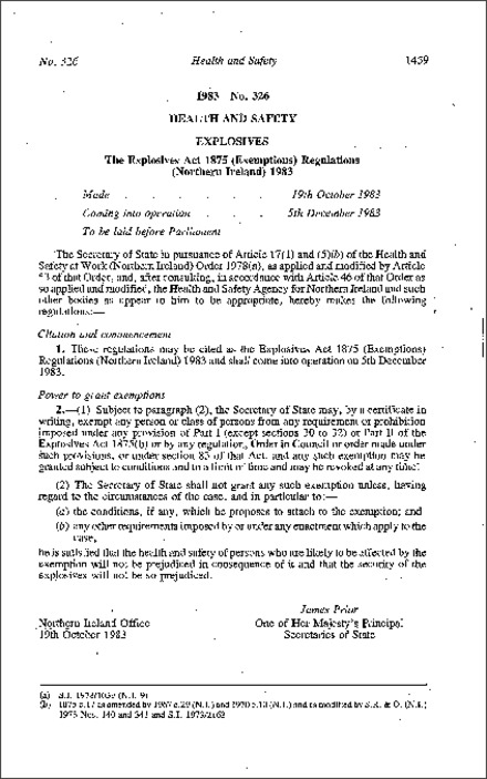 The Explosives Act 1875 (Exemptions) Regulations (Northern Ireland) 1983