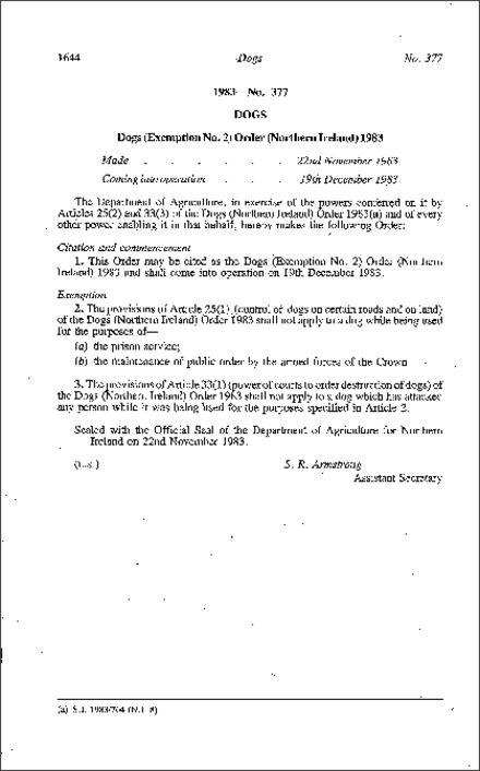 The Dogs (Exemption No. 2) Order (Northern Ireland) 1983
