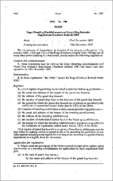 The Dogs (Breeding Establishments and Guard Dog Kennels) Regulations (Northern Ireland) 1983