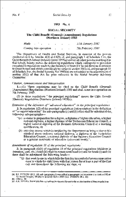 The Child Benefit (General) (Amendment) Regulations (Northern Ireland) 1983