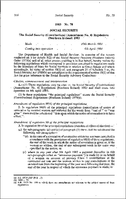 The Social Security (Contributions) (Amendment No. 4) Regulations (Northern Ireland) 1983
