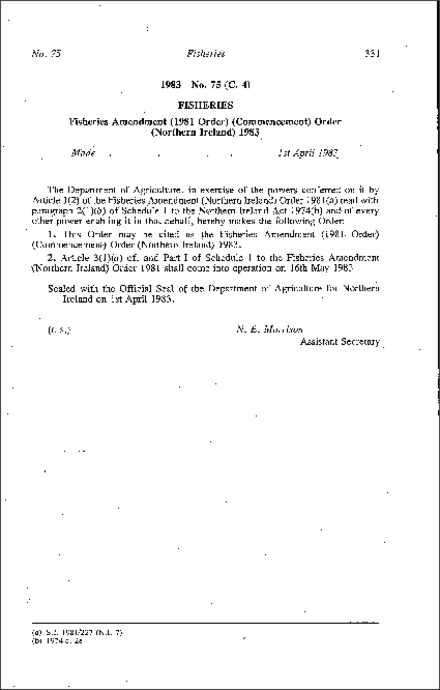 The Fisheries Amendment (1981 Order) (Commencement) Order (Northern Ireland) 1983