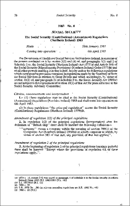 The Social Security (Contributions) (Amendment) Regulations (Northern Ireland) 1983