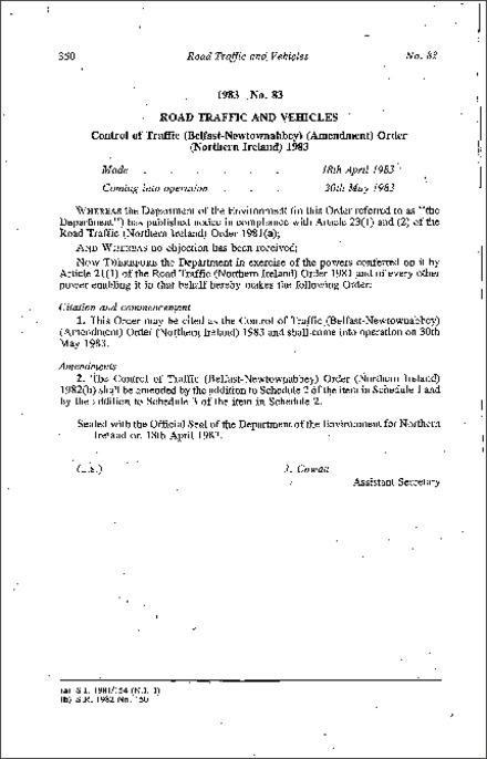 The Control of Traffic (Belfast-Newtownabbey) (Amendment) Order (Northern Ireland) 1983