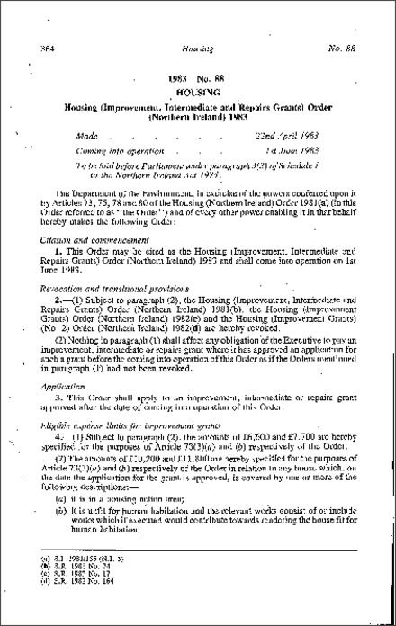 The Housing (Improvement, Intermediate and Repairs Grants) Order (Northern Ireland) 1983