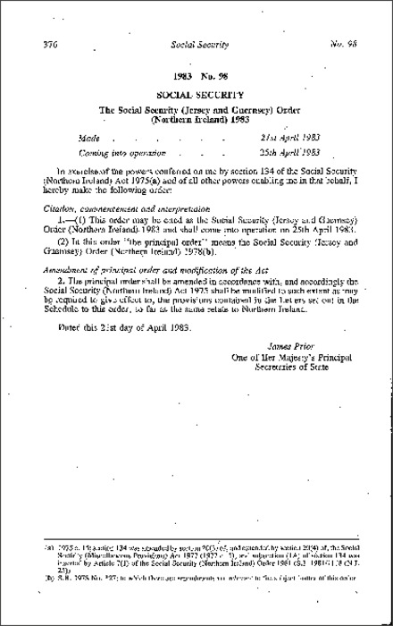The Social Security (Jersey and Guernsey) Order (Northern Ireland) 1983