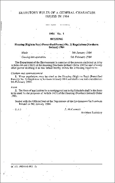 The Housing (Right to Buy) (Prescribed Forms) (No. 2) Regulations (Northern Ireland) 1984