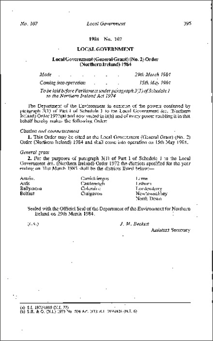 The Local Government (General Grant) (No. 2) Order (Northern Ireland) 1984