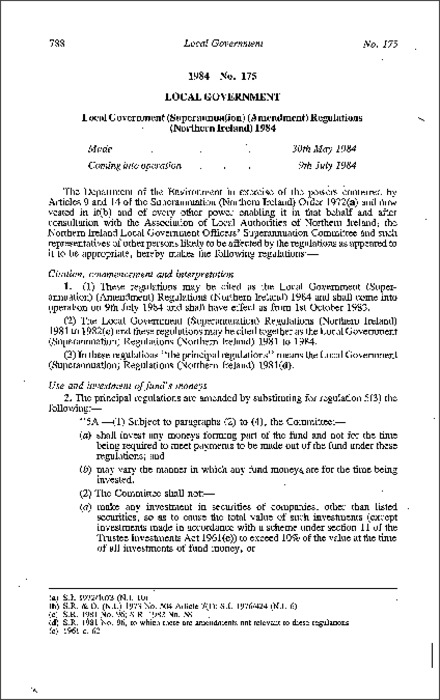 The Local Government (Superannuation) (Amendment) Regulations (Northern Ireland) 1984