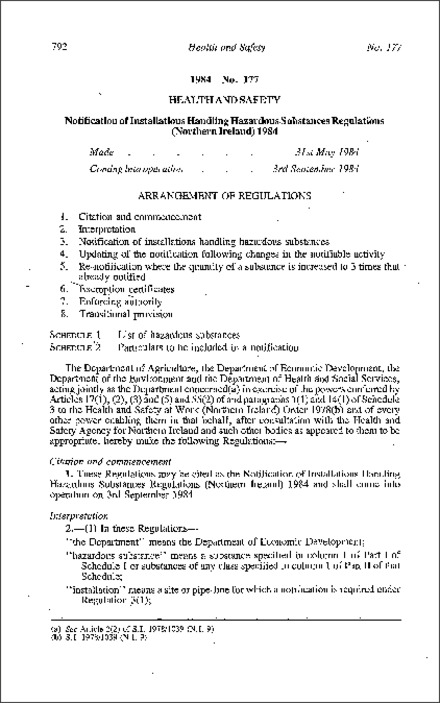 The Notification of Installations Handling Hazardous Substances Regulations (Northern Ireland) 1984