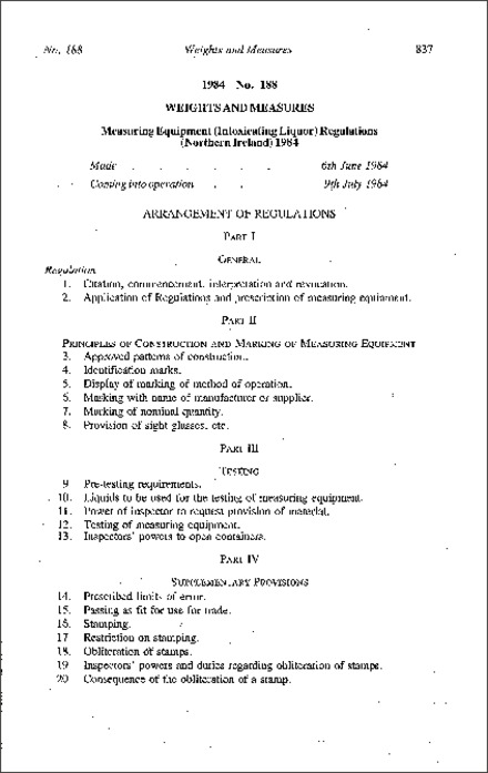 The Measuring Equipment (Intoxicating Liquor) Regulations (Northern Ireland) 1984