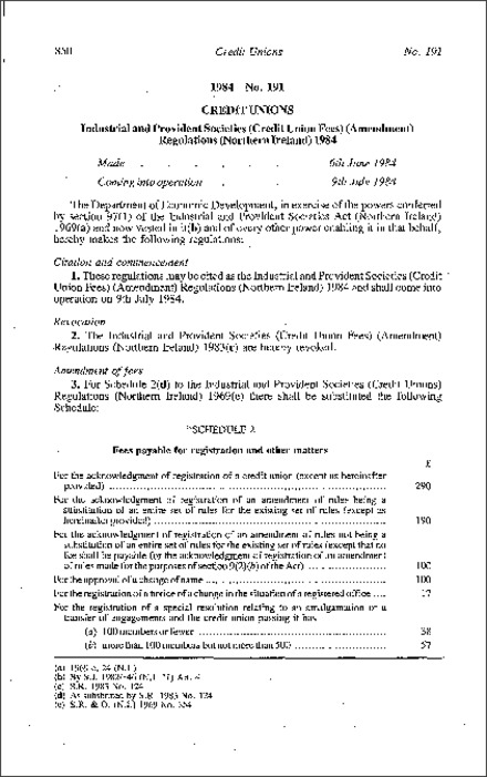 The Industrial and Provident Societies (Credit Union Fees) (Amendment) Regulations (Northern Ireland) 1984