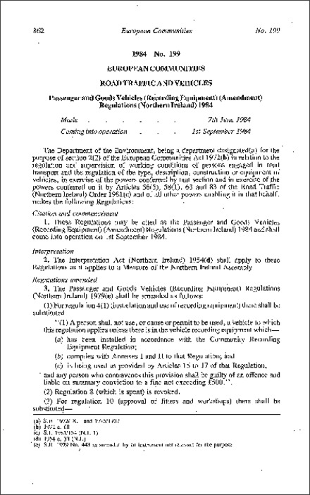 The Passenger and Goods Vehicles (Recording Equipment) (Amendment) Regulations (Northern Ireland) 1984