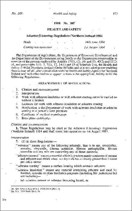 The Asbestos (Licensing) Regulations (Northern Ireland) 1984
