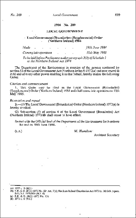 The Local Government (Boundaries) (Supplemental) Order (Northern Ireland) 1984