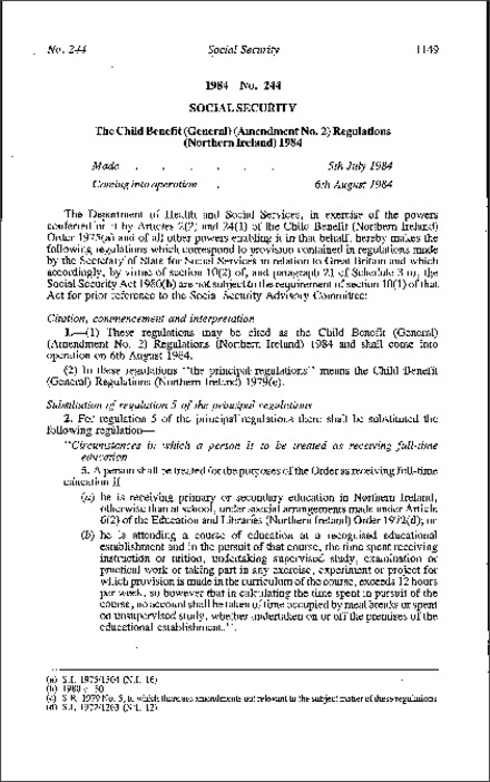 The Child Benefit (General) (Amendment No. 2) Regulations (Northern Ireland) 1984