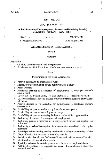 The Social Security (Unemployment, Sickness and Invalidity Benefit) Regulations (Northern Ireland) 1984