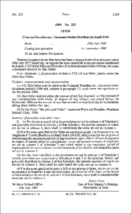 The Criminal Penalties etc. (Increase) Order (Northern Ireland) 1984