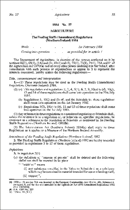 The Feeding Stuffs (Amendment) Regulations (Northern Ireland) 1984