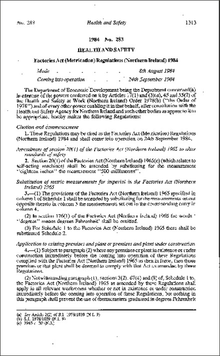 The Factories Act (Metrication) Regulations (Northern Ireland) 1984
