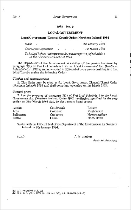 The Local Government (General Grant) Order (Northern Ireland) 1984