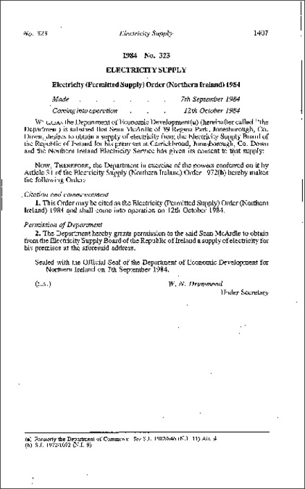 The Electricity (Permitted Supply) Order (Northern Ireland) 1984