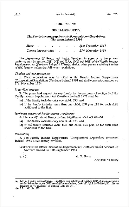 The Family Income Supplements (Computation) Regulations (Northern Ireland) 1984